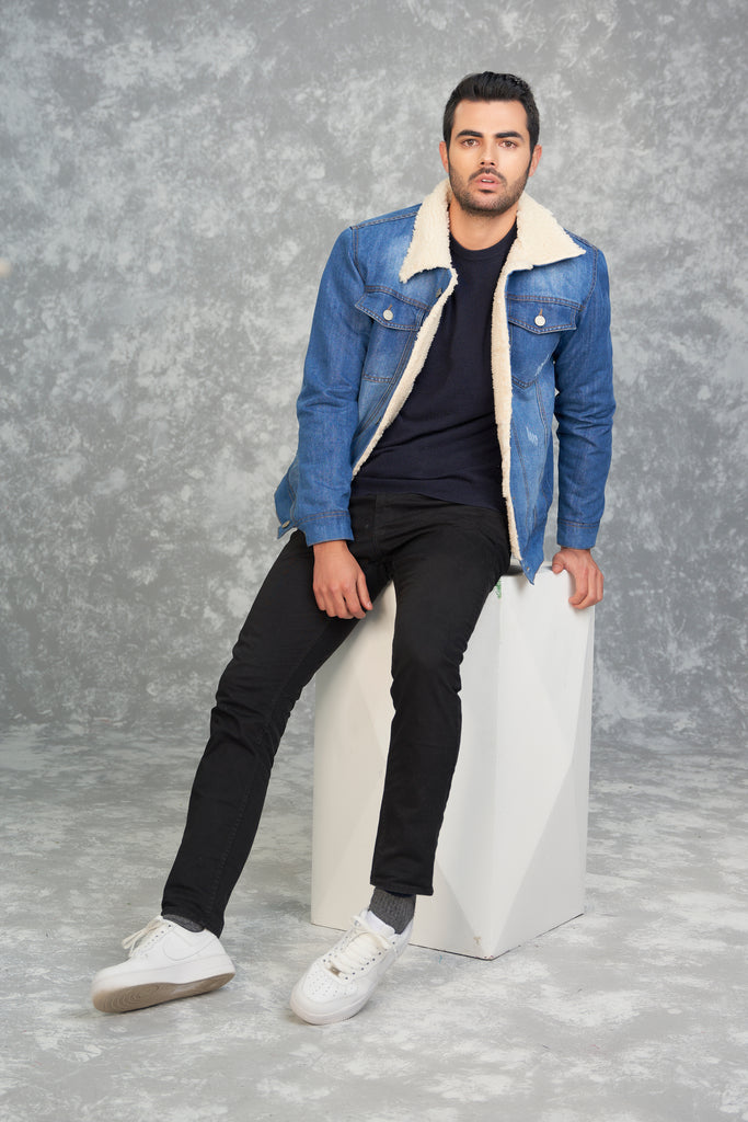 Vaquera Outfit Con Chaqueta De Jean Hombre Azul Chaqueta Jean